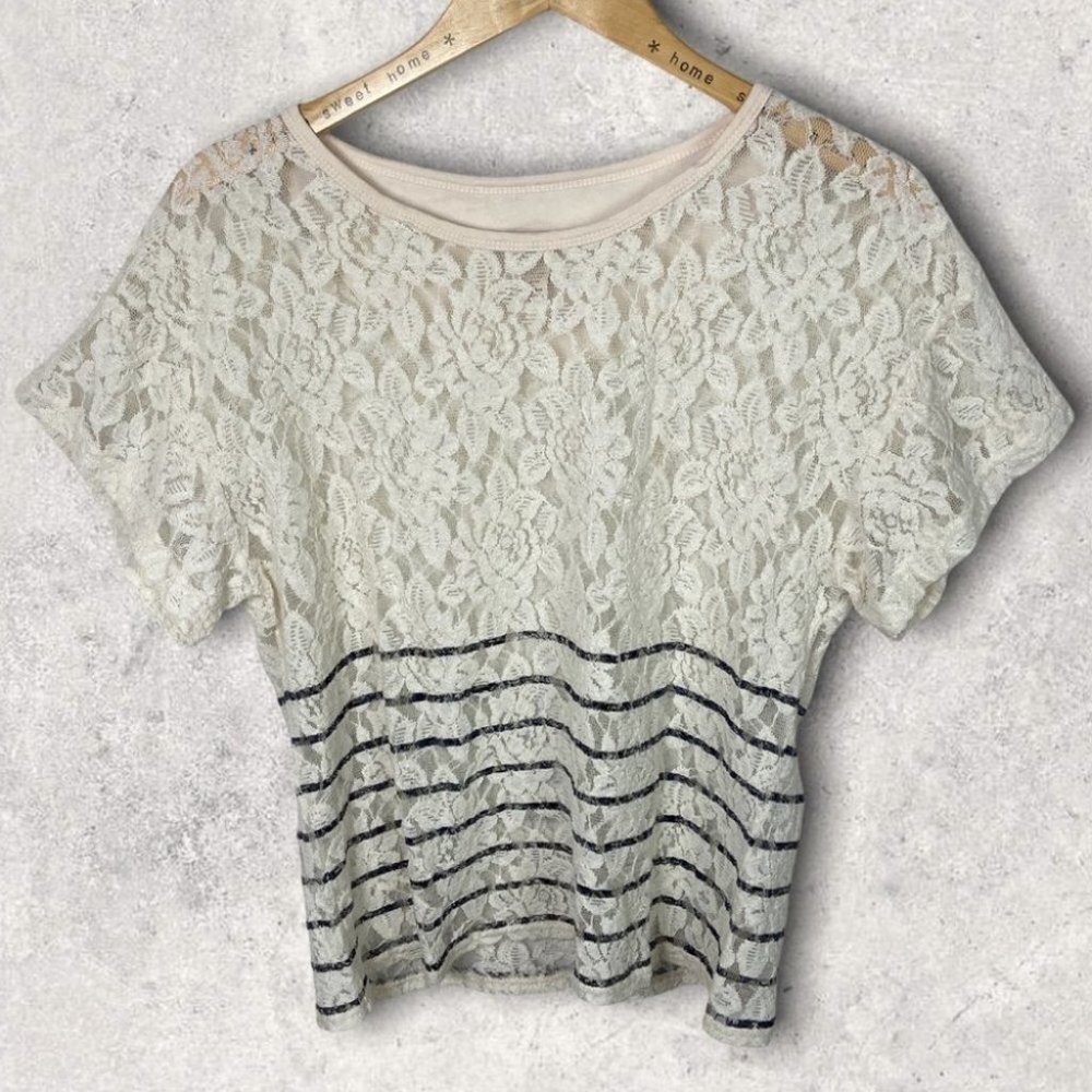 Sundance Catalogue Lace Short Sleeve Blouse Cream Blue Stripes Sheer Size Small